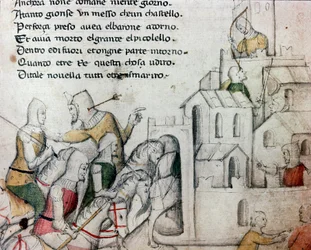 Croisés attaquant une forteresse maure. Illustration du poème toscan « Febusso e Breusso ». Manuscrit MS.B.R.45. XVe siècle. Florence, Biblioteca Nazionale