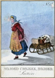 Laitière en Russie portant ses bidons de lait sur une luge, Bibl. des Arts Déco