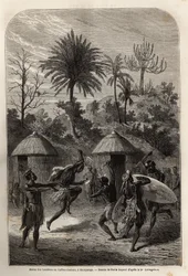 Danse des Landines ou Zoulous caffres à Shoupanga (rive droite du fleuve Zambèze). Gravure pour illustrer les premiers voyages du Dr Livingstone en Afrique australe de 1840 à 1856, dans "Le tour du monde, nouveau journal des voyages" publié sous la dire