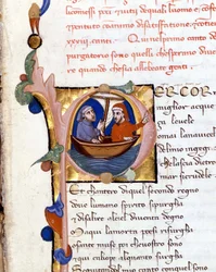Dante Alighieri : Divina Commedia (Divine Comédie) incipit du Purgatoire. Dante et Virgile. manuscrit du 14e siècle. Milan bibl. Trivulziana
