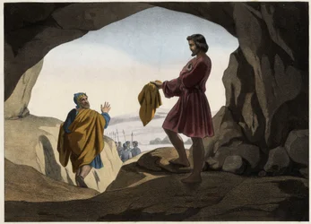 David montra à Saül le morceau de son manteau : David refusa de tuer le roi Saül, que Dieu lui avait livré dans la caverne, et ne coupa qu