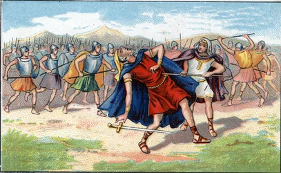 Mort de Judas Macchabée (Maccabée ou Macabée) ou Yeouda Hamakabi guerrier juif (200-160 av. J.-C.). Chromolithographie du XIXe siècle