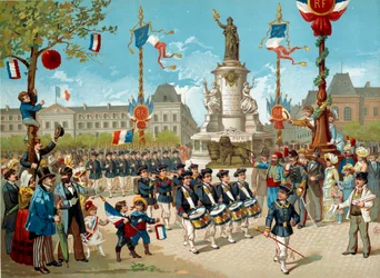 Défilé des enfants des bataillons scolaires sur la Place de la République le 14/07/1883 à Paris