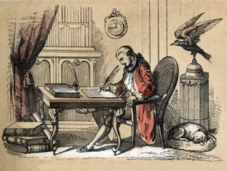 Description des différents produits et usages du papier : portrait de Georges Louis Leclerc, comte de Buffon, naturaliste et écrivain (1707-1788) écrivant son Histoire naturelle