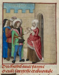 (détail) de la miniature de Convoitise et Largesse entrant dans le château, de 