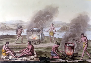 Scène de repas et de cuisine chez les Indiens de Floride. Gravure du 17e siècle.