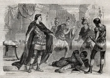 Dioclétien (Caius Aurelius Valerius Diocletianus Augustus) (244-311) mourant Lucius Flavius Aer - gravure dans « Dictionnaire populaire illustré » - 1864 - par Joseph Decembre et Edmond Allonier