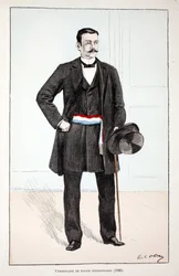 Commissaire de police divisionnaire (1896). Eau-forte en couleurs, pour illustration Histoire du corps des gardiens de la paix, livre publié sous les auspices de Louis Lépine (1846-1933) préfet de police de la Seine, par Alfred Rey (1864-?) et Louis Féron