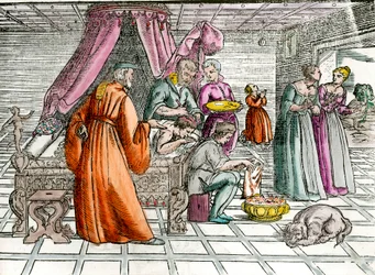 Médecin : « Une trépanation ». Un chirurgien opère le crâne de son patient. Gravure du XVIe siècle. Collection privée