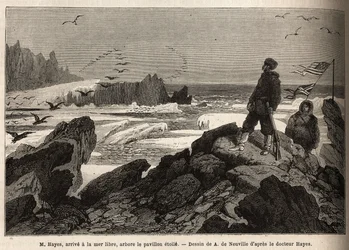 Le Dr Hayes, arrive à la mer libre du pôle Arctique, le but de son expédition, plante la bannière étoilée américaine. Gravure pour illustrer le voyage vers la mer libre du pôle Arctique, par le Docteur Hayes, chirurgien de la Marine des États-Unis, en 1860