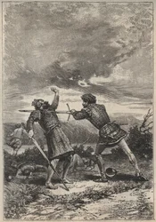 Duel et mort de Oak Torquil - illustration du 19ème siècle pour le roman historique « La Jolie Fille de Perth ou la Saint-Valentin » de Walter Scott (1771-1832)