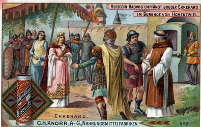 Ekkehard IV de Saint-Gall ou Eckhard, Eckhart (980-1057) érudit et poète latin. La duchesse Hadwig reçoit le frère Ekkehard dans la cour du château de Hohentwiel. Verso : « Frère Ekkehard, que la duchesse a chargé de son château »