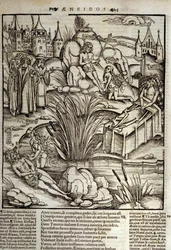 Énéide de Virgile (70 av. J.-C.-19 av. J.-C.), Livre XII, les héros troyens Énée est miraculeusement soigné par Vénus, il décide alors de prendre d