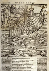 Énéide de Virgile (70 av. J.-C.-19 av. J.-C.), les héros troyens Énée et ses compagnons traversent une mer pleine de sirènes. Xylographie de Sebastian Brant (1458-1521). Strasbourg