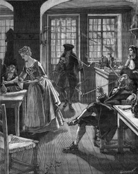 Angleterre, fin du 17ème siècle : hommes fumant dans un café. Gravure du 19ème siècle. Dans « Histoire de France » de Jules Michelet