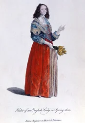 Femme anglaise en robe de printemps en 1641. Gravure du 19ème siècle.