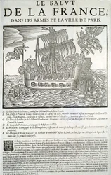 Gravure sur bois. Pamphlet politique Mazarinade : "Le salut de la France, dans les bras de la Ville de Paris" A - Le bon génie de la France, consumant sa majesté (Louis XIII) dans sa flotte royale, B - Prince de Conty, C - Duc de Bouillon et de la Motte-Ha