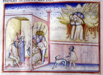 Épisode de la vie de Josaphat de Juda (868 av. J.-C. - 847 av. J.-C.). Manuscrit du 14ème siècle. Milan, Bibl, Braidense