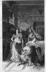 Esmeralda et Fleur-de-Lys. Illustration de "Notre-Dame de Paris" de Victor Hugo (1802-1885). Gravure de la fin du 19ème siècle.