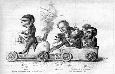 Eugène Scribe (1791-1861) auteur dramatique français « producteur dramatique à la vapeur » et ses principaux collaborateurs en 1840 : Anne Honoré Joseph Duveyrier, dit Mélesville (1787-1865), Jean François Bayard (1796-1853), Pierre François Adolphe Carmou
