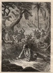 Expédition de Nicolas Thomas Marion-Dufresne (Marion Dufresne) (1729-1772) : le seul marin survivant témoigne du massacre de tous ses camarades, y compris Marion, par les indigènes de la baie des Assassins (île Matuaro, Nouvelle-Zélande) - illustration tir