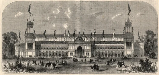 Vue extérieure du palais du troisième tir national allemand à Vienne, Autriche. Gravure dans « L