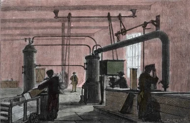 Usine de fabrication de glace avec le système de Ferdinand Carré. Gravure du 19ème siècle