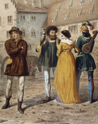 Fauconnier, dame et troubadour : scène de rue à Strasbourg au Moyen Âge
