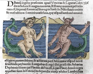 Créatures fantastiques : un triton et une sirène vus dans le Nil. Gravure de "Le livre des prodiges" (Prodigiorum ac ostentorum Chronicon Basileae) par Wolfhart (Conrad Lycosthene) 1557