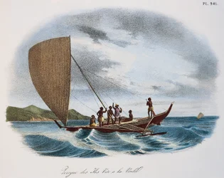 Pirogue à voile fidjienne, gravure en couleur