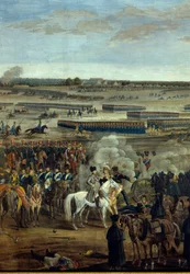 Premier Empire : l’empereur Napoléon Ier (1769-1821) sur le cheval blanc à la bataille de Leipzig (Bataille des Nations), 16-19 octobre