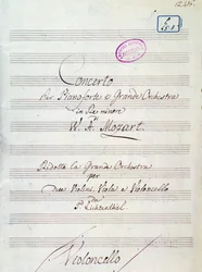 Première page de la partition pour Concerto pour piano et grand orchestre en ré mineur par Mozart, version Lichtenthal (19ème siècle)