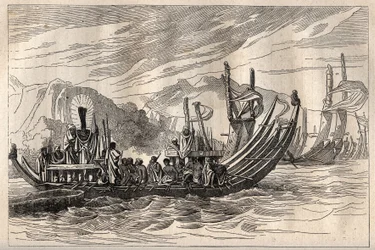 Premier voyage (1768-1771) du capitaine James Cook (1728-1779) : la flotte de Tahiti rassemblée à Oparee - illustration tirée de « Les grands marins du 18ème siècle »