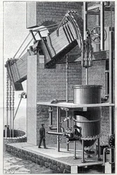 Ancienne machine à vapeur de Thomas Newcomen, actuellement en fonctionnement près de Bristol, en Angleterre. Gravure dans « La Nature »