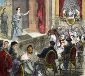 François-Joseph Talma (1763-1826), comédien français, jouant « La Mort de César », tragédie en trois actes de Voltaire à Erfurt devant un parterre de rois comprenant Napoléon Ier et Alexandre Ier, tsar de Russie (1777-1825). Gravure