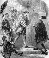 François Ier, roi de France (1494-1547) et Charles V (1500-1558) se rencontrent au Château de Châtellerault en janvier 1540. Dans "Histoire populaire de la France", sd. vers 1885. Gravure.