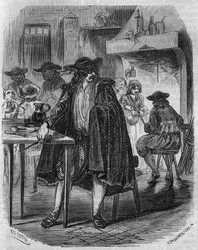 François Ravaillac (1578-1610) assassin du roi Henri IV volant dans une auberge le couteau avec lequel il doit frapper Henri IV - gravure du 19ème siècle