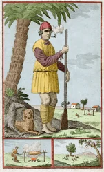 Boucanier français de Saint-Domingue (Haïti). Gravure dans « Histoire des Aventuriers Flibustiers et Boucaniers Signalés Dans Les Indes » par Alexandre Olivier Exquemelin (1645-1710).