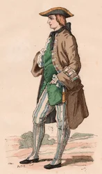 Gentilhomme français en costume de chasse, portant manteau, gilet et chapeau tricorne avec une dague à son côté pendant le XVIIIe siècle (gravure en couleur)