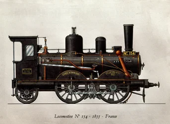 Train français : Locomotive Numéro 154 de 1855. Gravure. Paris, Arts décoratifs