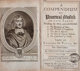 Frontispice de Compendium de musique pratique en cinq parties avec leçons de viole de gambe par Cristopher Simpson