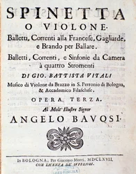 Frontispice de la partition musicale de Balletti, correnti alla francese opus 3 par Giovanni Battista Vitali