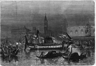 Funérailles de Daniele Manin (1804-1857), qui a participé au Risorgimento, à Venise : la gondole mortuaire transportant les cendres vers l