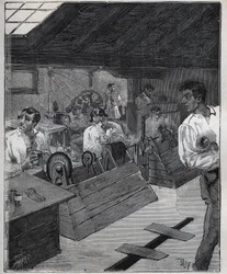 Dorure galvanique : raclage des bijoux en or avec un racloir-boesse. Gravure de 1885 dans "Les arts et métiers illustrés" par Adolphe Bitard.