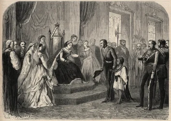 Le général Robert Cornelis Napier (1810-1890) présente Leul Alemayehou Tewodros (1861-1879), fils du négus éthiopien Théodoros II, à la reine Victoria. Gravure dans L