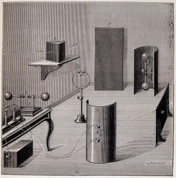 Disposition générale des expériences de Heinrich Hertz (1857-1894) sur les ondes électriques - dans « Physique populaire » par Emile Desbeaux, Flammarion