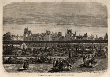 Vue générale du palais et des jardins de Fontainebleau, prise du sol. Gravure pour illustrer une description du château et de la forêt de Fontainebleau, en 1867, par M. Pays, dans « Le tour du monde, nouveau journal des voyages » publié sous la direction d