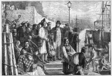 Émigrants allemands pour New York embarquant sur un vapeur de Hambourg en 1874, gravure