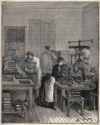 Dorure des livres (couvertures) au fer dans un atelier en France au XIXe siècle. Gravure de 1885 dans « Les arts et métiers illustrés » par Adolphe Bitard