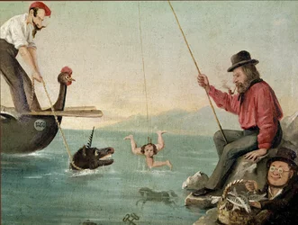 Giuseppe Garibaldi pêche la Trinacria. Peinture satirique, Giuseppe Garibaldi pêchant la "Trinacria".